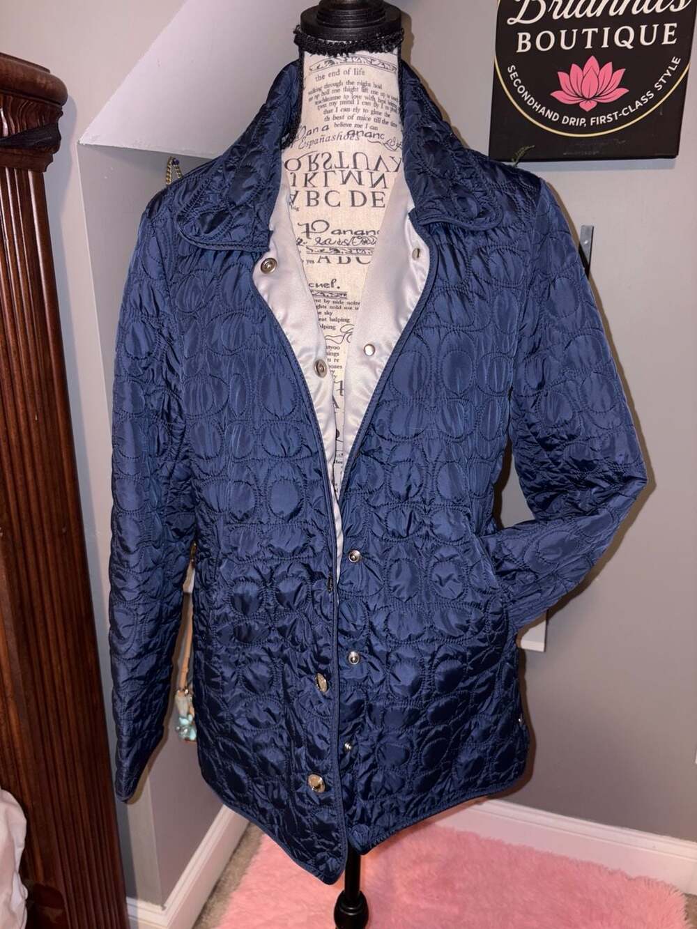 Coach Signature Quilted Nylon Snap Button Jacket in Navy Blue